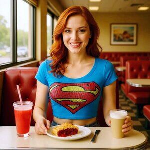 Superman Rhinestone Crop Top | Blue Scoop Neck Superhero Diva M Retro Stretch